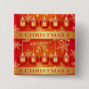 Merry Christmas Baubles Red Gold Ornaments 2 Inch Square Button