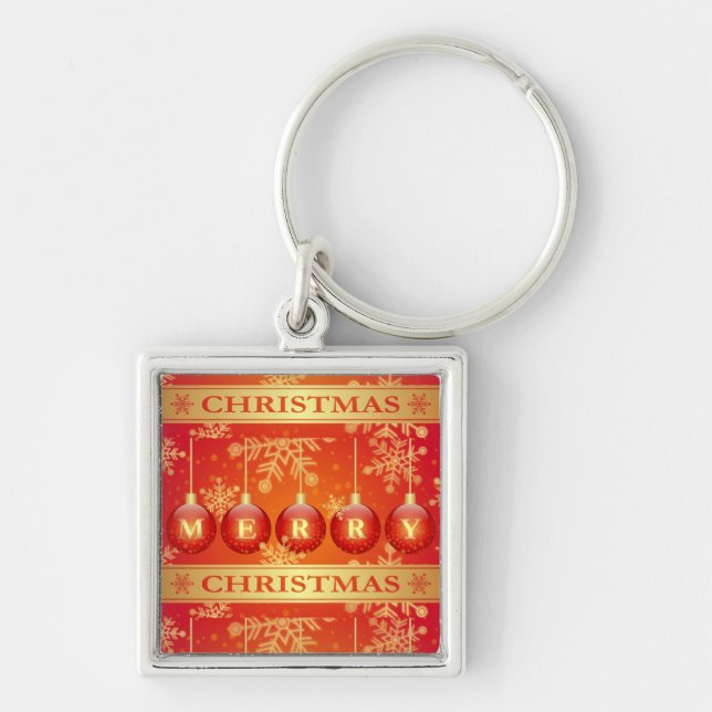 Merry Christmas Baubles Red Gold Ornaments Keychain (Front)