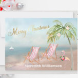 Merry Christmas Beach Flamingo Budget FLAT Holiday<br><div class="desc">Merry Christmas on this lovely Watercolor Beach -- peaceful and gentle scene with two beach chairs -- friendly flamingo with lovely wreath -- Palm tree with a few ornaments. Also available in different paper weights -- your selection.</div>