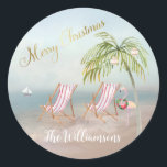 Merry Christmas Beach Flamingo Wreath Unique  Classic Round Sticker<br><div class="desc">Merry Christmas on this lovely Watercolor Beach -- peaceful and gentle scene with two beach chairs -- friendly flamingo with lovely wreath -- Palm tree with a few ornaments.   Any design questions,  just send an email to charmdesignstudio@rcn.com and we'll be delighted to assist.</div>