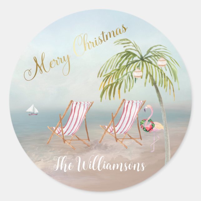 Merry Christmas Beach Flamingo Wreath Unique  Classic Round Sticker (Front)