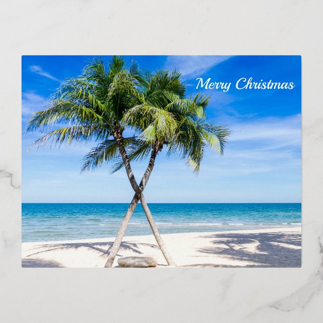 Merry Christmas Beach Palm trees  Foil Holiday Postcard (Front)