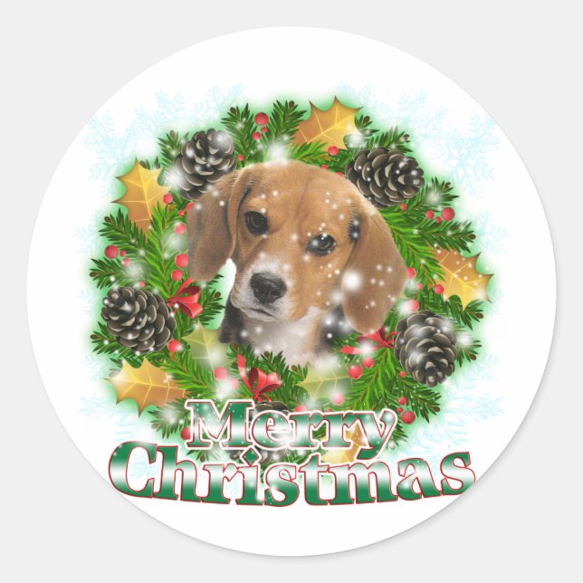 Merry Christmas Beagle Classic Round Sticker (Front)