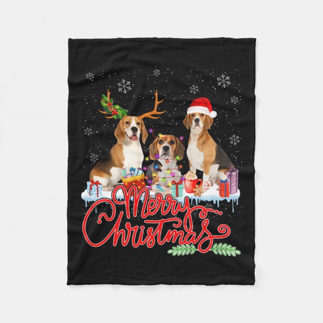 Merry Christmas Beagle Dog Santa Reindeer Light Xm Fleece Blanket (Front)
