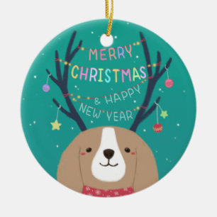 Merry Christmas: Beagle Illustration Art Ceramic Ornament