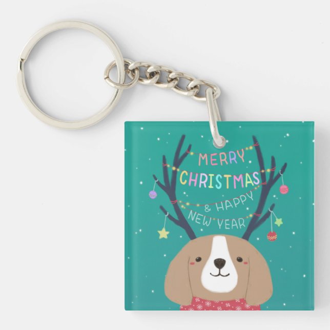 Merry Christmas: Beagle Illustration Art Keychain (Front)