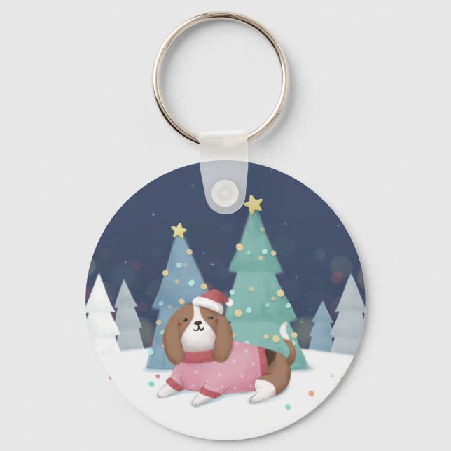 Merry Christmas: Beagle Illustration Art Keychain (Front)