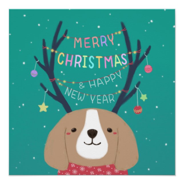 Merry Christmas: Beagle Illustration Art Poster (Front)