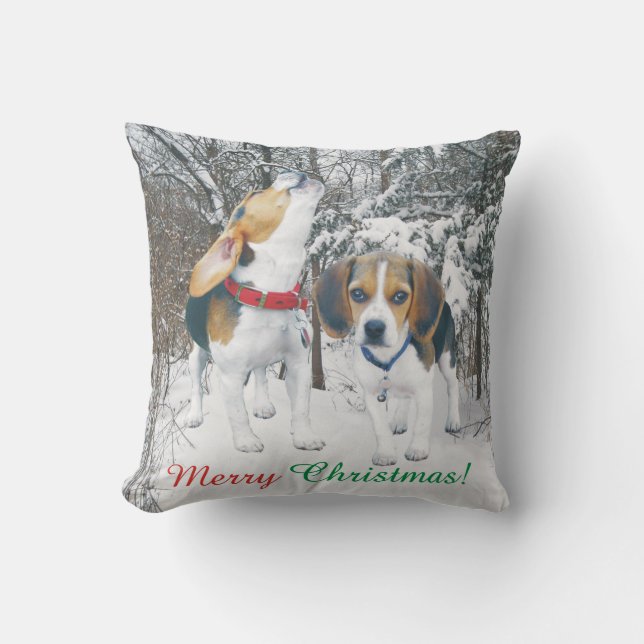 Merry Christmas Beagle Pups Snowy Woods Throw Pillow (Front)