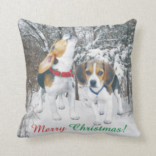 Merry Christmas Beagle Pups Snowy Woods Throw Pillow