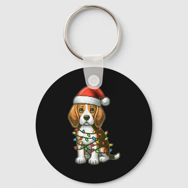 Merry Christmas Beagle Santa Christmas Lights Dog  Keychain (Front)