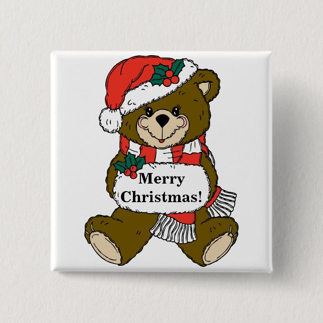 Merry Christmas Bear 2 Inch Square Button (Front)