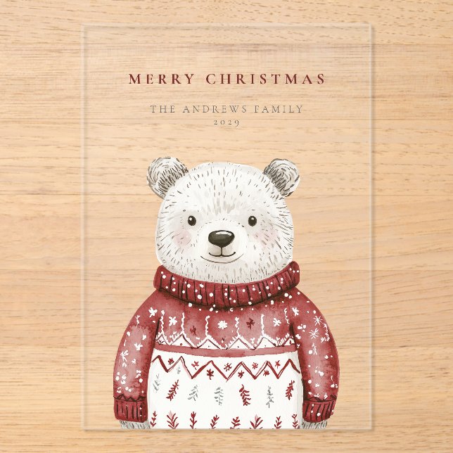 Merry Christmas Bear in a Sweater Holiday Acrylic Invitations (Front)