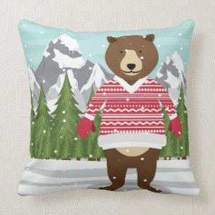 Merry Christmas Bear In A Sweater Throw Pillow
