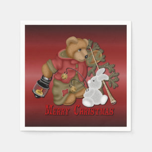 Merry Christmas Bear Red Holiday Napkins