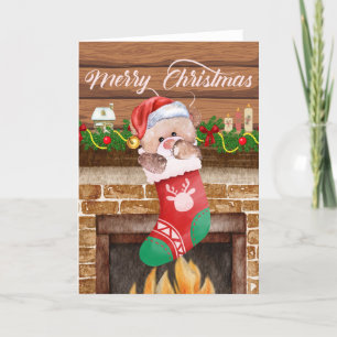 Merry Christmas Bear Stocking Fireplace Mantle  Holiday Card