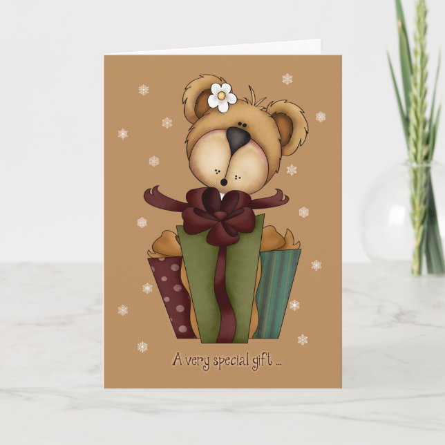 Merry Christmas Bear with Gift/Money Enclosed Holiday Card (Front)