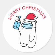 MERRY CHRISTMAS BEAR WITH MASK ROUND STICKERS