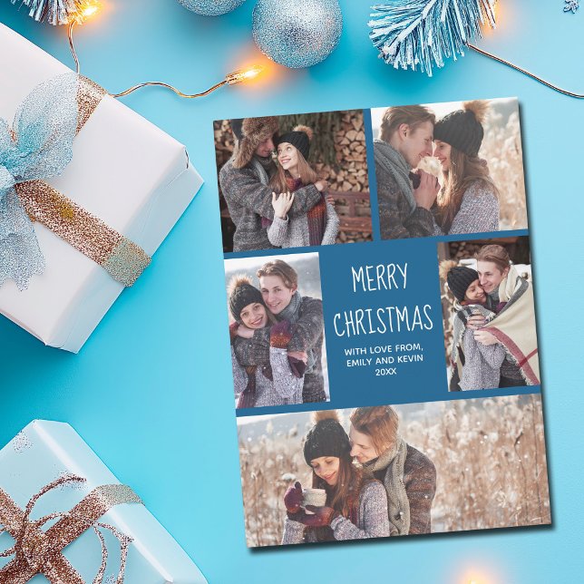 Merry Christmas Beautiful Blue Photo Collage Cute Holiday Card (Creator Uploaded)