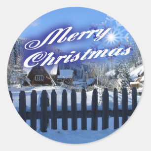 Merry Christmas - Beautiful Log Cabin in the Snow Classic Round Sticker