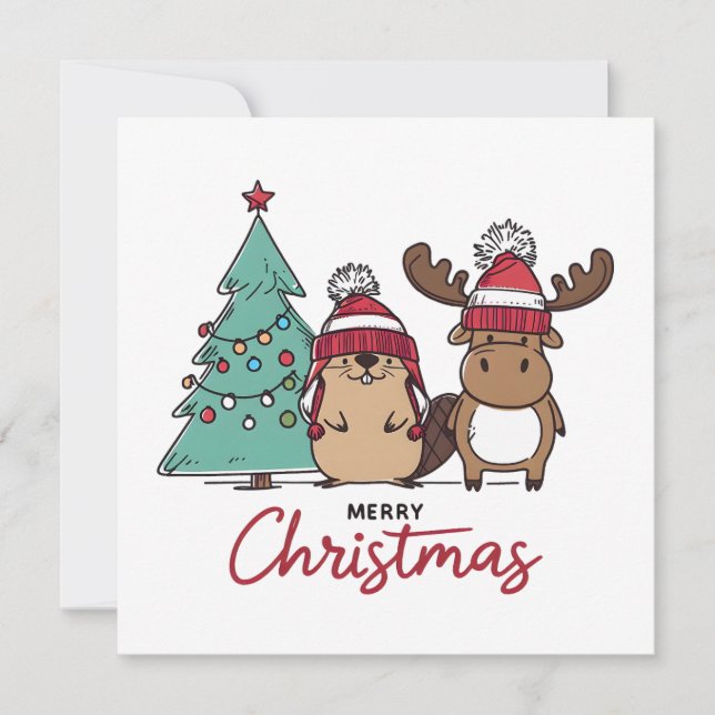 Merry Christmas Beaver And Moose  Holiday Card (Front)