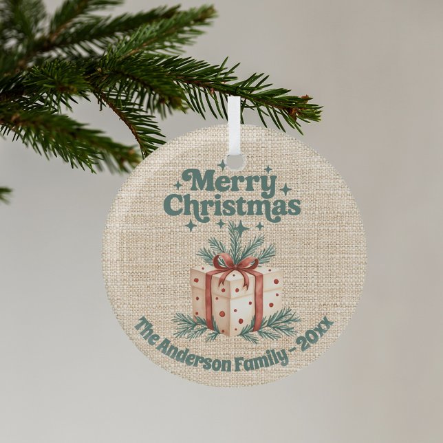 Merry Christmas beige burlap gift box green Glass Ornament (Creator Uploaded)