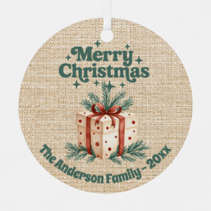 Merry Christmas beige burlap gift box green Metal Ornament