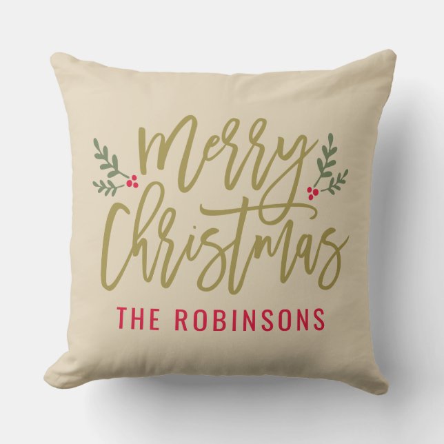 Merry Christmas Beige Modern Custom Family Throw Pillow (Front)