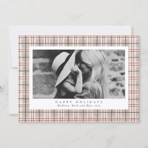 Merry Christmas Beige Plaid One Photo Holiday Card