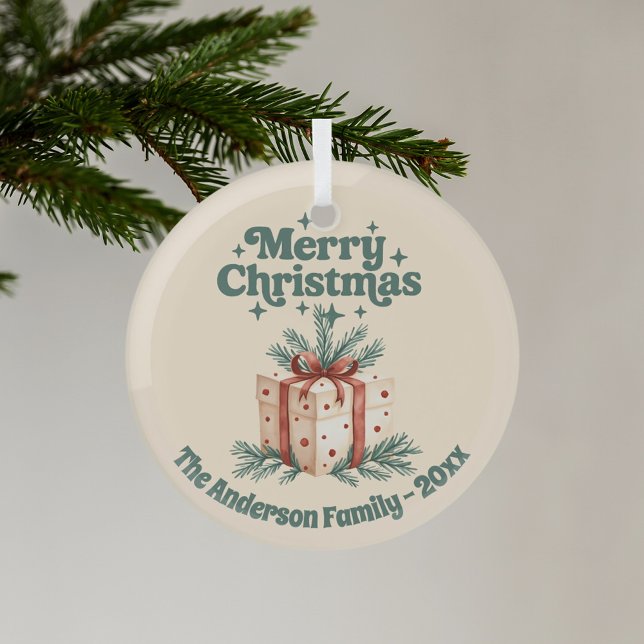 Merry Christmas beige rustsic gift box green Glass Ornament (Creator Uploaded)