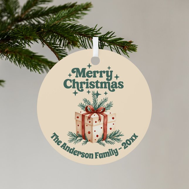 Merry Christmas beige rustsic gift box green Metal Ornament (Creator Uploaded)