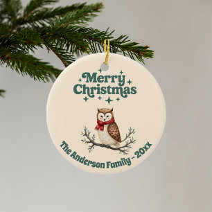 Merry Christmas beige rustsic gift cute owl Ceramic Ornament