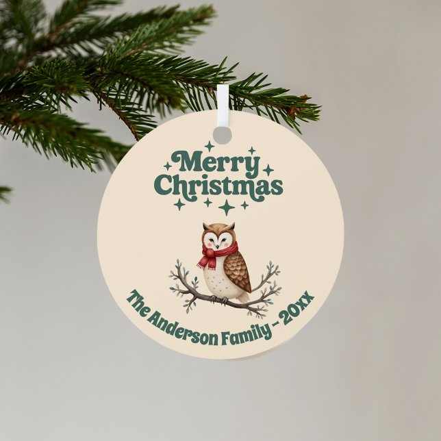 Merry Christmas beige rustsic gift cute owl Metal Ornament (Creator Uploaded)