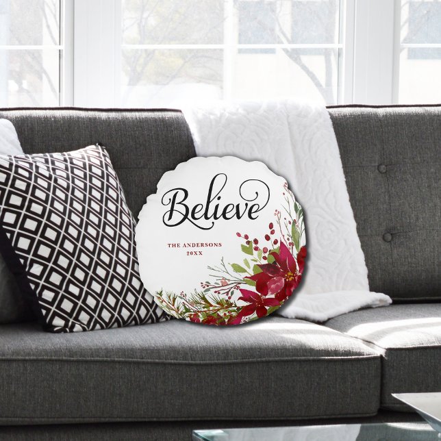 Merry Christmas Believe Script Round Pillow (Creator Uploaded)