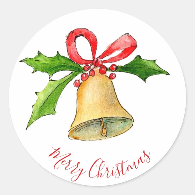 Merry Christmas bell and holly illustration Classic Round Sticker (Front)