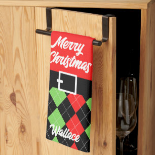 Merry Christmas Belt and Argyle Red Kitchen Towel