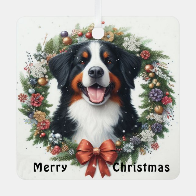 Merry Christmas Bernese Mountain Dog Dog Xmas Metal Ornament (Front)
