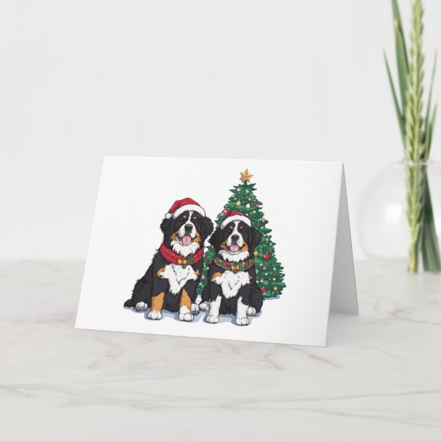 Merry Christmas Bernese Mountain Dogs Holiday Card (Front)