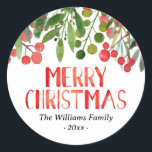 Merry Christmas Berries Family Classic Round Sticker<br><div class="desc">Red and green Merry Christmas personalized family stickers.</div>