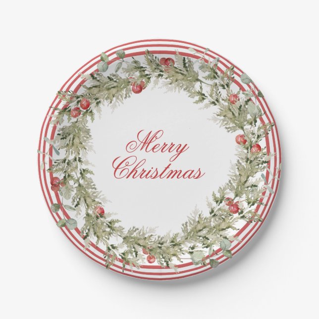 Merry Christmas Berries Xmas Wreath Holiday Paper Plate (Front)
