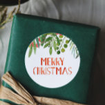 Merry Christmas Berry and Branches Watercolor  Classic Round Sticker<br><div class="desc">Beautiful watercolor hand lettered red and green Merry Christmas Illustration sticker</div>