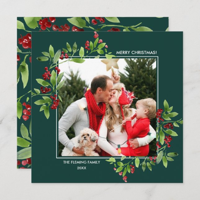 Merry Christmas. Berry Branches Flat Photo Cards (Front/Back)