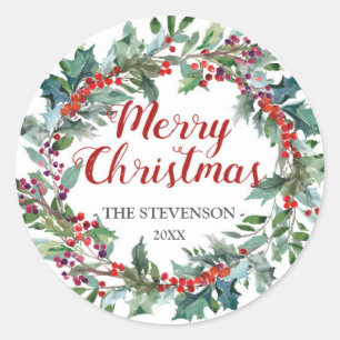 Merry Christmas berry wreath evergreen round label