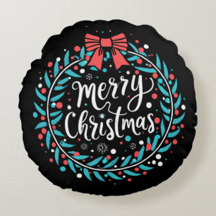 Merry Christmas Berry Wreath Round Pillow