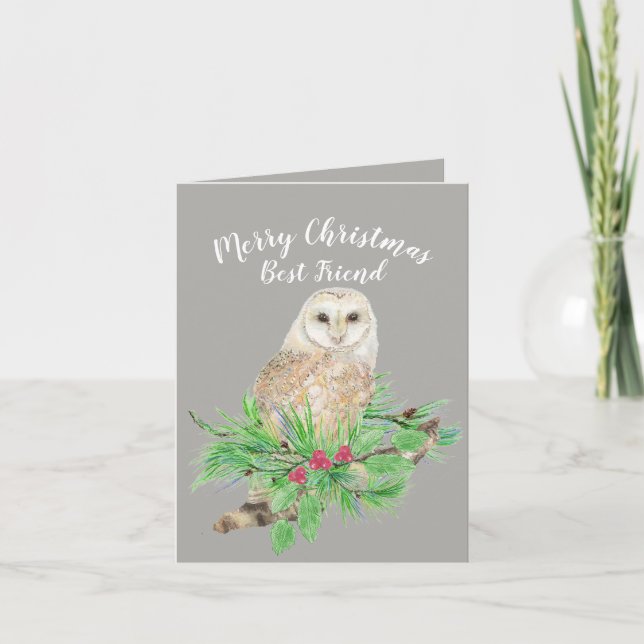 Merry Christmas Best Friend Barn Owl Watercolor Holiday Card (Front)