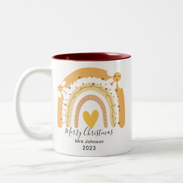 Merry Christmas Best Teacher Ever Rainbow Festive  Two-Tone Coffee Mug (Left)