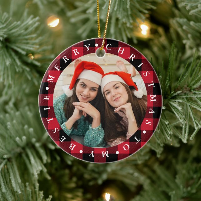 Merry Christmas Bestie Buffalo Plaid Photo  Ceramic Ornament (Tree)