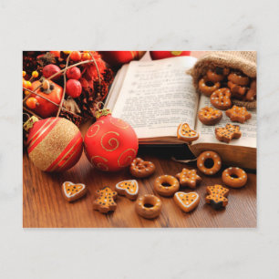 Merry Christmas - Bible with cookies and balls Holiday Postcard