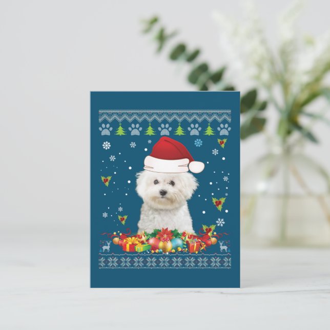 Merry Christmas Bichons Frise Dog Ugly Sweater Postcard (Standing Front)