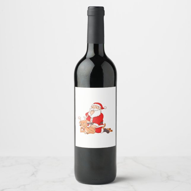 Merry Christmas big santa claus and reindeer Wine Label (Front)